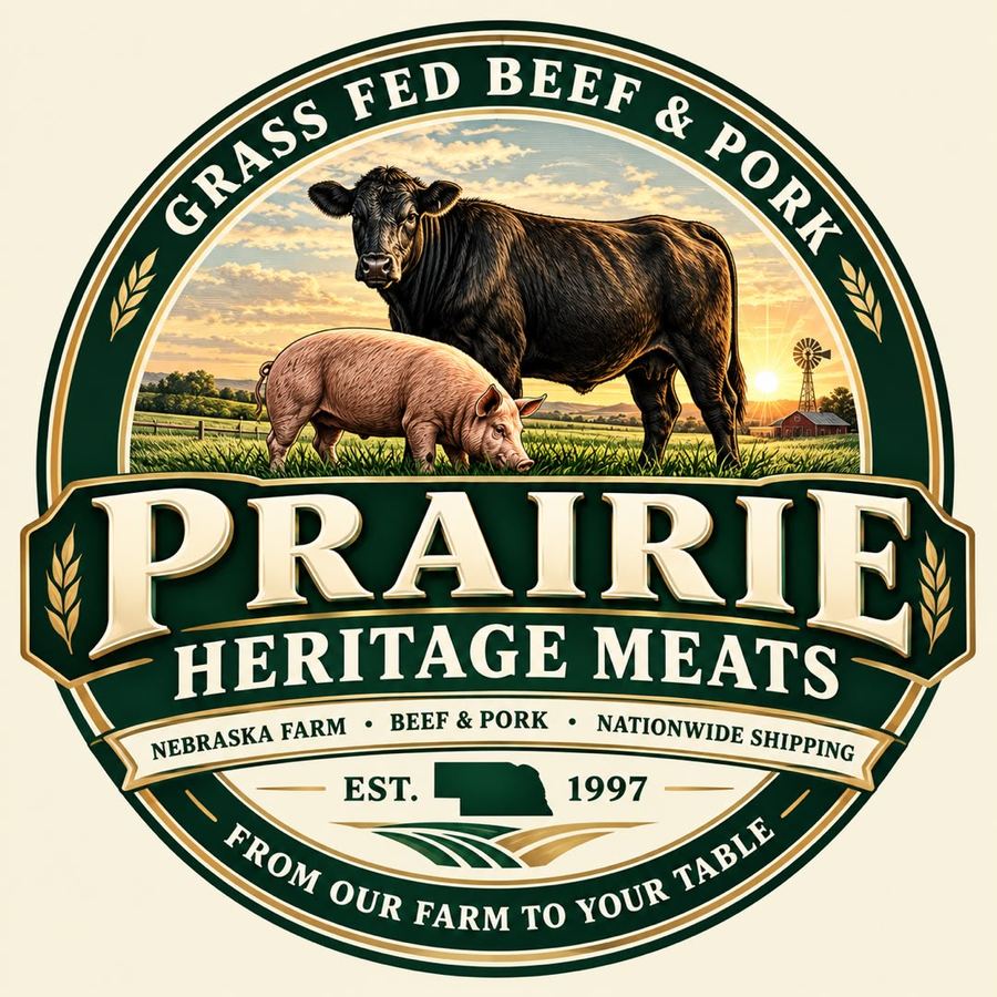 Prairie Heritage Meats badge: a black cow and a pig on a Nebraska pasture at sunrise, est. 1997
